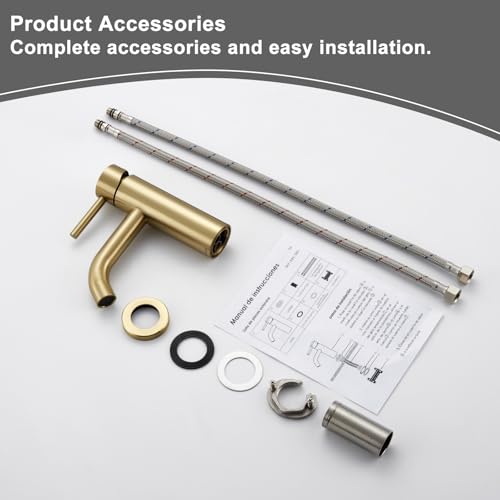 DETBOM Gold Basin Mixer Tap, Adjustable Hot and Cold Washbasin Tap, Stainless Steel, Removable Aerator, Lead Free, Brushed Gold