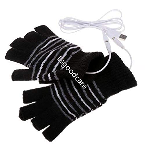 Lsgoodcare Black USB 2.0 Stripe Pattern Fingerless Heating Knitting Wool Hands Warm Gloves Gloves - Thumbnail 2
