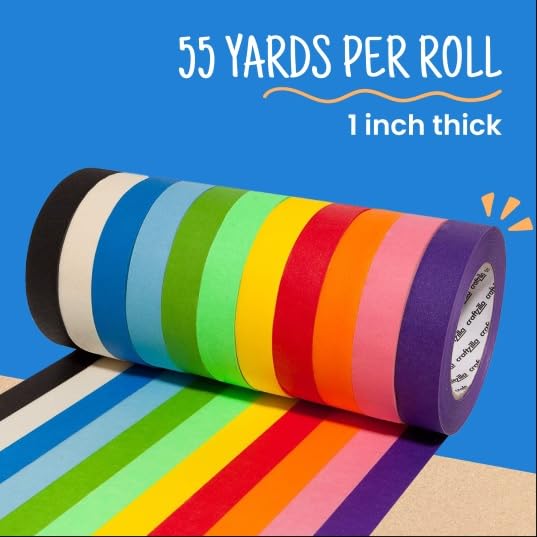 Craftzilla Colored Masking Tape - 11 Roll Multi- Pack, 55 Yards x 1 in Colorful Craft Tape- Great for Arts & Crafts, Kids, Labeling and Color- Coding
