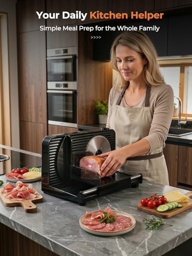 FOHERE Cortadora de Fiambre, Cortafiambres Eléctrico Plegable, con 2 Cuchillas de Acero Inoxidable y Grosor Regulable 0-15mm, Perfecta para Cortar Pan, Queso, Embutidos y Verduras