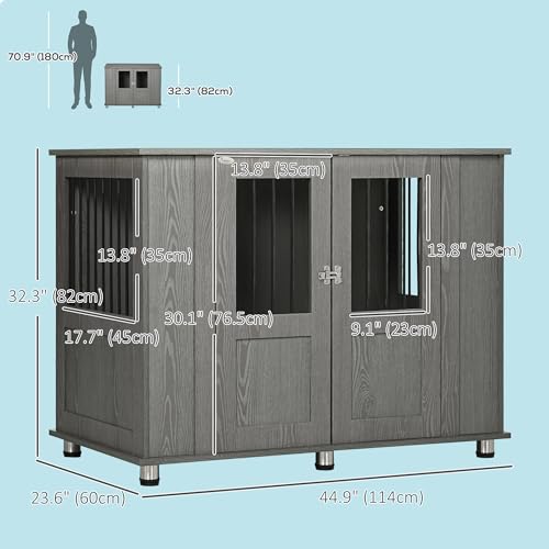 PawHut 45" L Dog Crate Furniture with Lockable Magnetic Door, Adjustable Feet, Indoor Dog Kennel End Table for Extra Large, Medium & Small Breeds, Grey