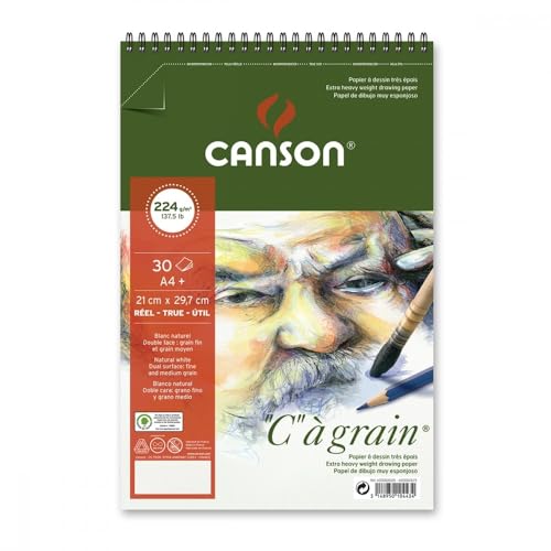 Canson 400060628 "C" a Grain-Lightly Grained Drawing Paper 224 g/m² A4+ 30 Sheets per Pad Spiral on The Short Side 210 x 322 mm White