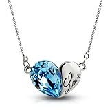 MagicPieces Loving Heart Shape Pendant Rhinestone Necklace Swarovski Element Carved Love Word Color Blue