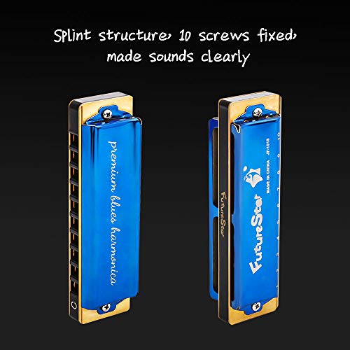 IAMGlobal Harmonica Key of C 10 Hole 20 Tone, Harmonica C Blues with Case, Cleaning Cloth, Phosphor Bronze Reeds Titanium Alloy Plated, Musical Instrument (Blue) - Thumbnail 2