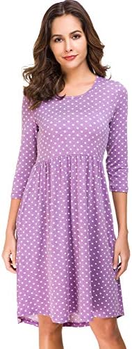 Womens Midi Dress 3/4 Sleeve Polka Dot O Neck Casual Tunic Pleated Loose Vintage Retro Swing Dresses with Pockets