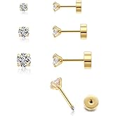 3Pairs CZ Stud Flat Screw Back Earrings for Women Multiple Piercing,Dainty Flatback Cubic Zirconia Cartilage Earring Stud,Helix Tragus Conch Piercing Jewelry