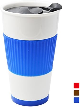 UDMug Car Commuter Travel Coffee Ceramic Cup with Splash Proof Slider Lid, Silicone Sleeve &amp; Built-In Coaster, 14 fl.oz (Blue)