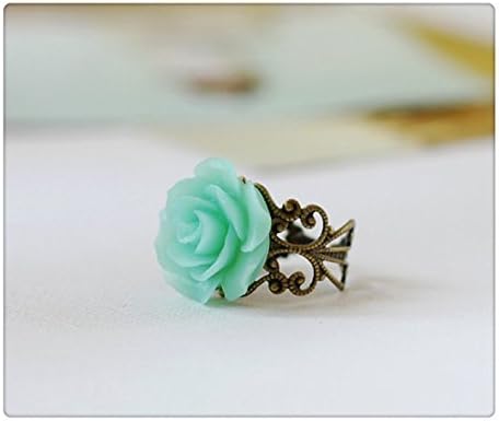 Christmas gift Mint Green Flower Ring Green Floral Ring. Style Brass Filigree Adjustable Rose Ring. Bridal Party Bridesmaid Gift
