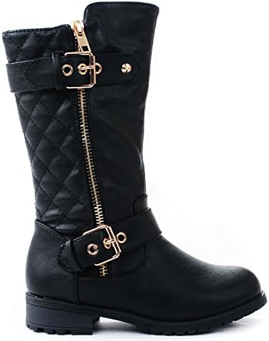 J.J.F Shoes Kids Girls Mango21 Dual Buckle/Zipper Quilted Mid Calf Motorcycle Boots