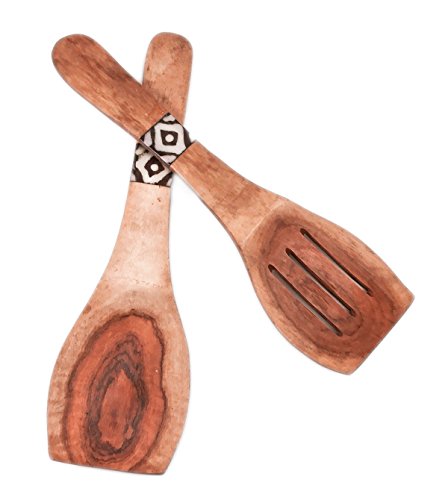 Maisha Fair Trade African Wooden Salad Servers Set Ladle Cooking Spoon & Fork Utensils Teak Wood Nectarine African Print - Thumbnail 3