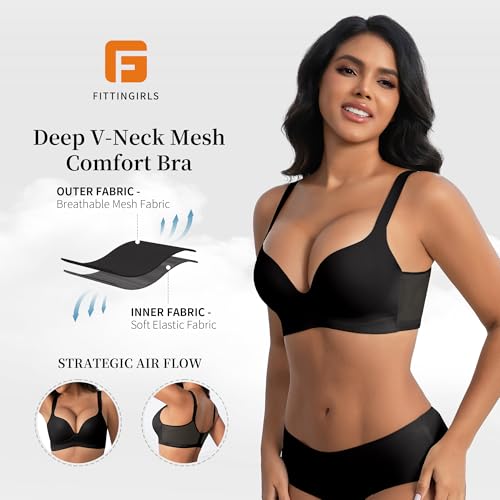 Zero Feel Bliss Women's Push-up Bra Without Underwire, Thin Cup Deep Neckline, Adjustable Wide Straps, Soft Breathable Invisible, Full Coverage with Support