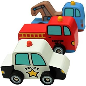Wooden Toy Cars - Set of 3. Early Vehicles for Children. Contains Firefighter, Tow Truck, and Police Car. Simple Mechanics. Bright Colors. Simulate Visual Development for Boys and Girls