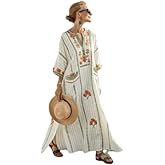 OSCORP Women’s 3/4 Sleeve V-Neck Maxi Dresses Loose-Fit Striped Long Dresses Soft Flowing Drape for Casual Vacation Wear