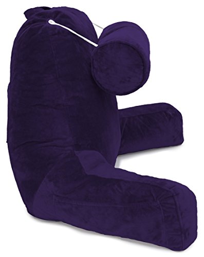 Husband Pillow - Big Bedrest Reading & Support Bed Backrest with Arms Purple - Premium Shredded Memory Foam with Detachable Neck Roll Pillow - Bed Rest Pillow Makes a Comfy & Therapeutic Cuddle Buddy