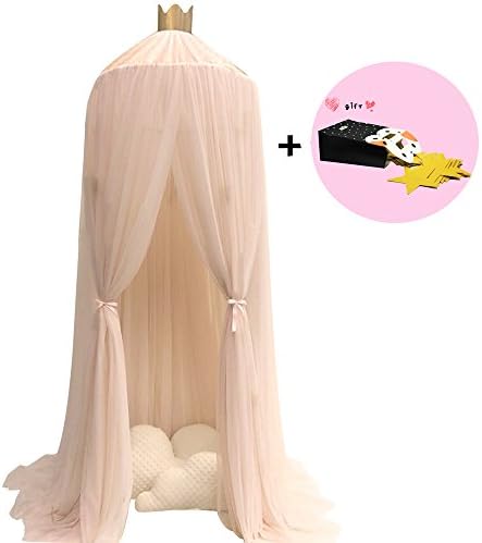 Mosquito Net Dome Bed Canopy for Kids Round Princess Play Tent Lace Netting Bedding for Baby Boys and Girls Playing Reading , Decorate for Games House with 13ft Star Garland (Khaki)