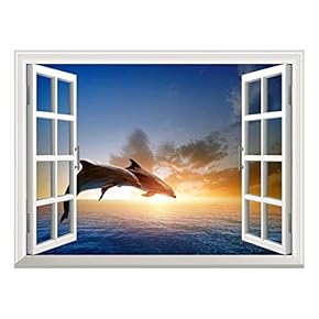 Removable Wall Sticker/Wall Mural - Beautiful Couple Jumping Dolphins at Sea Sunset | Creative Window View Home Decor/Wall Decor - 24"x32"