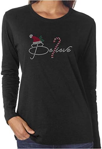 Wild Woman Tees Believe Candy Cane Cute Christmas Rhinestone Long Sleeve Shirts