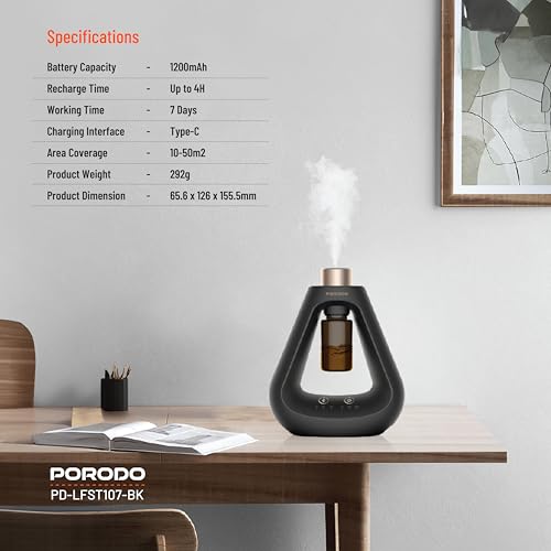 Porodo Essential Oil Diffuser, Mini Scent Air Machine, Waterless Diffuser with Timing & 3 Mist Levels, Aroma Diffuser for Home Scent Aromatherapy Diffuser, Room, Car, Office (Black)