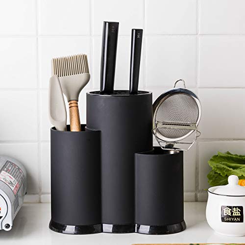 3-in-1 Kitchen Utensil Holder Set with Knife Block without Knives, Large Kitchen Tools Flatware Holder Organized Utensil Drying Cylinder, Black