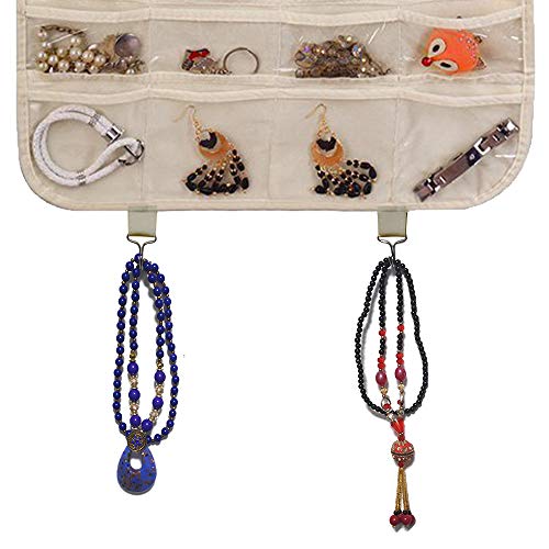 BB Brotrade Hanging Jewelry Organizer,Single Side 32 Clear PVC Pockets Wall Jewelry Storage with 2 Metal Hooks for Holding Jewelries (Beige)