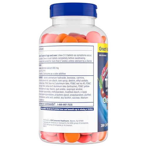 TUMS CHEWY BITES CHEWABLE ANTACID TABLETS FOR ULTRA STRENGTH HEARTBURN RELIEF, GREAT FOR A SUMMER BBQ- MIXED FRUIT – 200 COUNT
