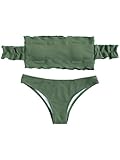 SweatyRocks Women's Sexy Bikini Set Solid Color Off Shoulder Bandeau Two Piece Swimsuit Green M