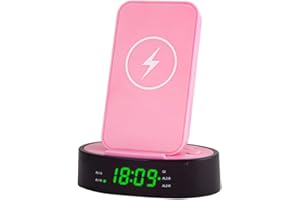 HANNLOMAX HX-203Wi PLL FM Radio Alarm Clock with Wireless Charger and 2.4A USB Port for Charging, Aux-in (Pink)