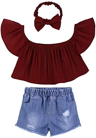 3pc Cute Baby Girl Red Off Shoulder Top + Hole Shorts Jeans+ Headband Outfits Set