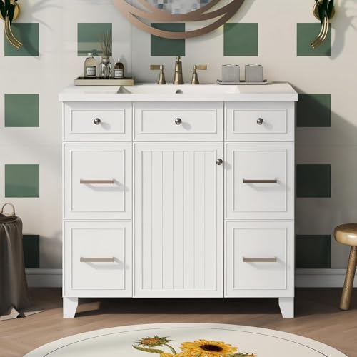 Photo 1 of 36 in Bathroom Vanity with Sink,Soft Closing,Door,3 Drawers and Adjustable Shelf, Wood Modern Single Bathroom Sink Cabinet,Freestanding (Light Green)