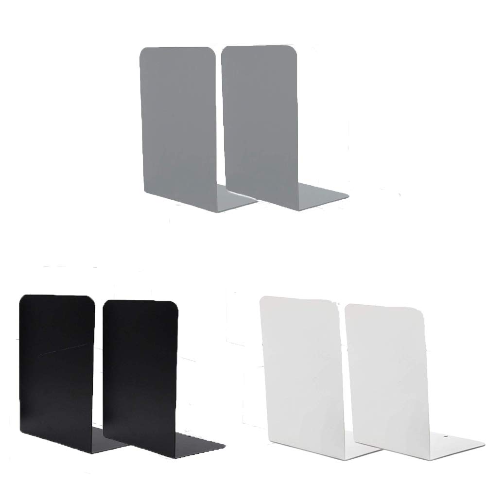 Bookends Nonskid Metal Bookends Books Holder Book Supports for Shelves Metal Decorative Book Ends for Kids Children Desktop Organizers for Home Office School Supplies (Black white gray - 3 Pairs)