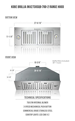 KOBE INX2730SQB-700-2 Brillia 30-inch Built-in/ Insert Range Hood, 3-Speed, 750 CFM, LED Lights, Baffle Filters - Thumbnail 3