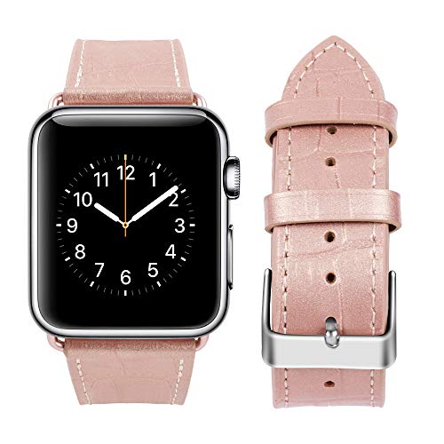 top4cus Genuine Leather iwatch Strap Replacement Band Stainless Metal Clasp, Compatible for 38mm 42mm Apple Watch Series 4(40mm 44mm) S3 S2 S1 and Sport Edition (Girlish Pink, 38mm)