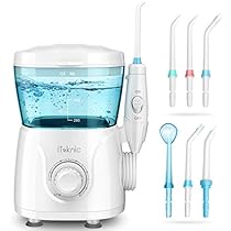Irrigador Dental Profesional iTeknic de Gran Capacidad Tanque de Agua de 600ml 10 Ajustes de Presión 7 Bolquillas Intercambios IPX4 Impermeable del Agua para Limpiar los Dientes Regalo para Familiares