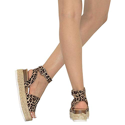 Z. Emma Women's Open Toe Ankle Strap Studded Buckle Espadrilles Platform Wedge Summer Sandals SA01 Leopard 8.5