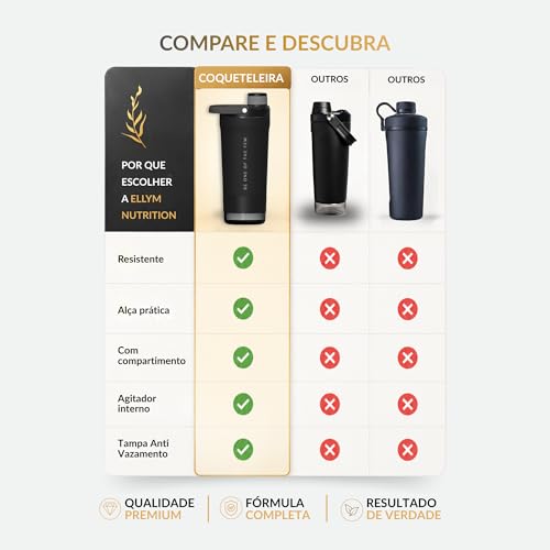 Coqueteleira Térmica ELLYM NUTRITION 600ml Com Compartimento Whey Inox Academia Profissional Shaker (Preto)