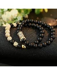 SEVENSTONE 2PCS Black Matte Onyx Prayer Beads Bracelet for Men Women Elastic Natural Stone