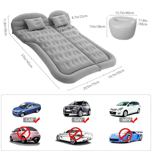 SUV Car Air Mattress for Camping & Travel, Thick Inflatable Bed with Two Pillows, Portable Car Air Pump Included, Comfortable Backseat Sleeping Pad for Outdoor Road Trips (Grey)