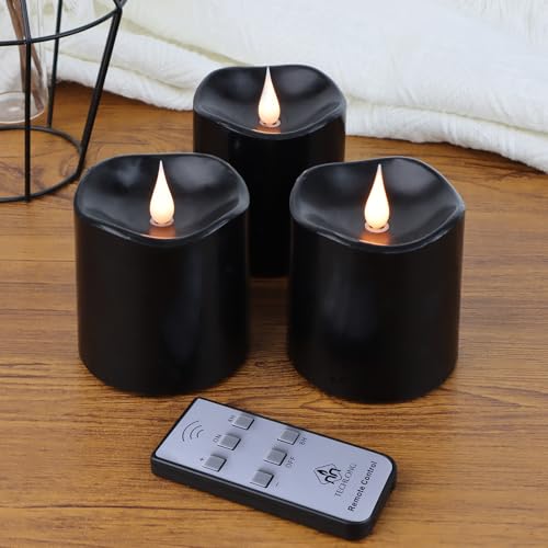 Photo 1 of TECHLONG Black Flameless Candles, Halloween Candles Battery Operated with Remote Timer, 3D Moving Flame Flickering Last 600+ Hours, 3" x 3" Real Wax Electric LED Candle for Halloween Decor, Set of 3