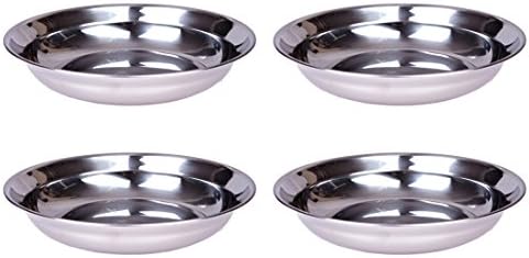 Set of 4 7” Stainless Steel Flat Bottom Soup Salad Cereal Shallow Bowl Dish Platter Tray Set