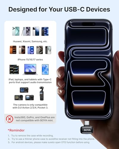 BOYA MINI 2 Microphone for iPhone 15 16 17 Series, Andriod, 5g, 48kHz/24Bit, 200m, Wireless Lavalier Microphone with USB-C Plug, Small Lapel Mic, 30h, Clip on Mic for Vlogging, Video Recording, Black