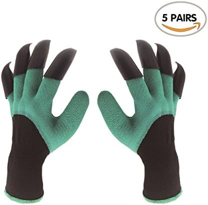 5 Pairs Garden Genie Gloves with Left Right Fingertips Rake Dig Claws, Plastic Rubber Waterproof Work Gloves – Green Average Size