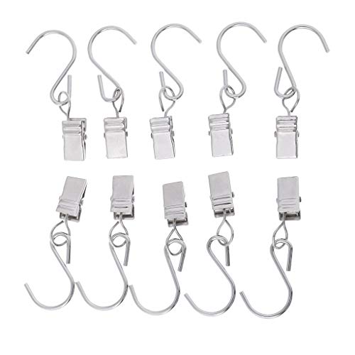 10pcs Stainless Steel Hanger Clips with S Hook Metal Curtain Clip Pegs Wire Holder for Rope String Lights, Gutter Hangers for Lights, Curtain Clips