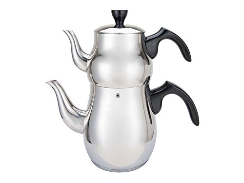 Steinless Steel Doble Turkish Traditional Original Teapot Teakettle 2 Piece Set 1Liter and 2.5Liter Samovar Tea Maker