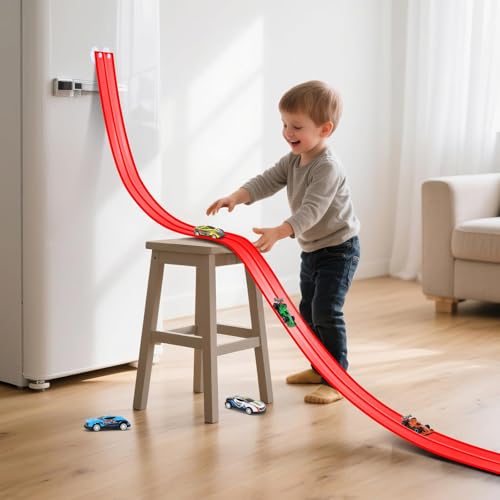 5m Flexible Car Race Track, Fits Hot Wheels & Diecast 1/64 Cars, Roll-Up Loop Track with 4 Mini Cars and 8 Suction Cups, Portable Flex Track Toy Gift for Kids Ages 3+