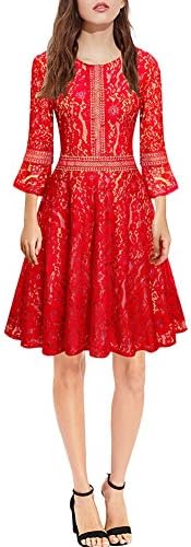 Women Vintage Full Lace Contrast Bell 3/4 Sleeve Knee Length Big Swing A-Line Dress