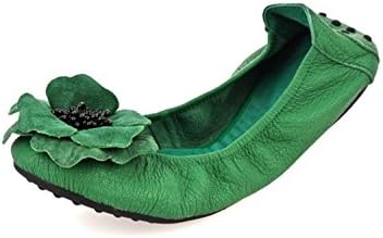 Kevin Fashion Women's Flowers Green Leather Foldable Ballet Flats Travel Driving Walking Casual Shoes 8.5 M US
