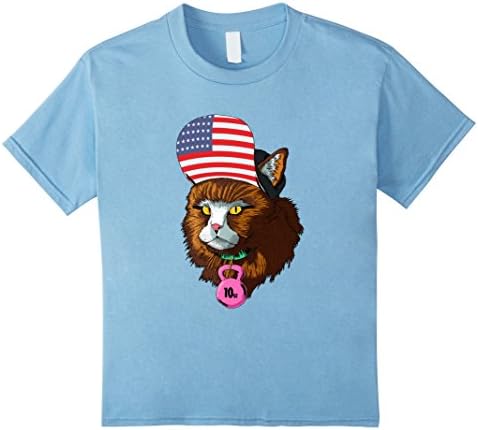 Kids Bodybuilding Cat Pink Kettlebell American Flag T Shirt 10 Baby Blue