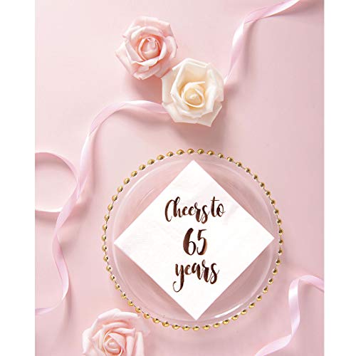 Cheers to 65 Years Cocktail Napkins, 50-Pack 3ply White Rose Gold 65th Birthday Dinner Celebration Party Decoration Napkin - Thumbnail 3