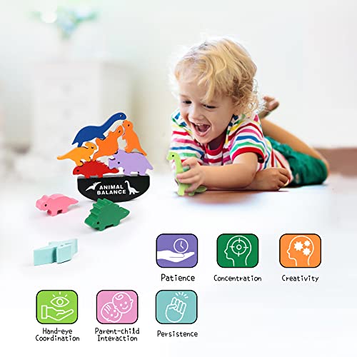 LotFancy Dinosaur Toys for Kids 3-7, Wooden Stacking Toys, Dinosaur Building Blocks for Boys Girls, Preschool Montessori Learning Toys