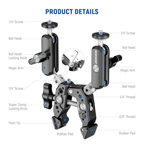 NEEWER Heavy Duty Super Clamp with Two 360° Dual Ball Head Magic Arms, 1/4" 3/8" Screw Threads, Phone & Action Camera Mount Adapter for Flat/Round Surface Compatible with GoPro DJI Insta360 DSLR